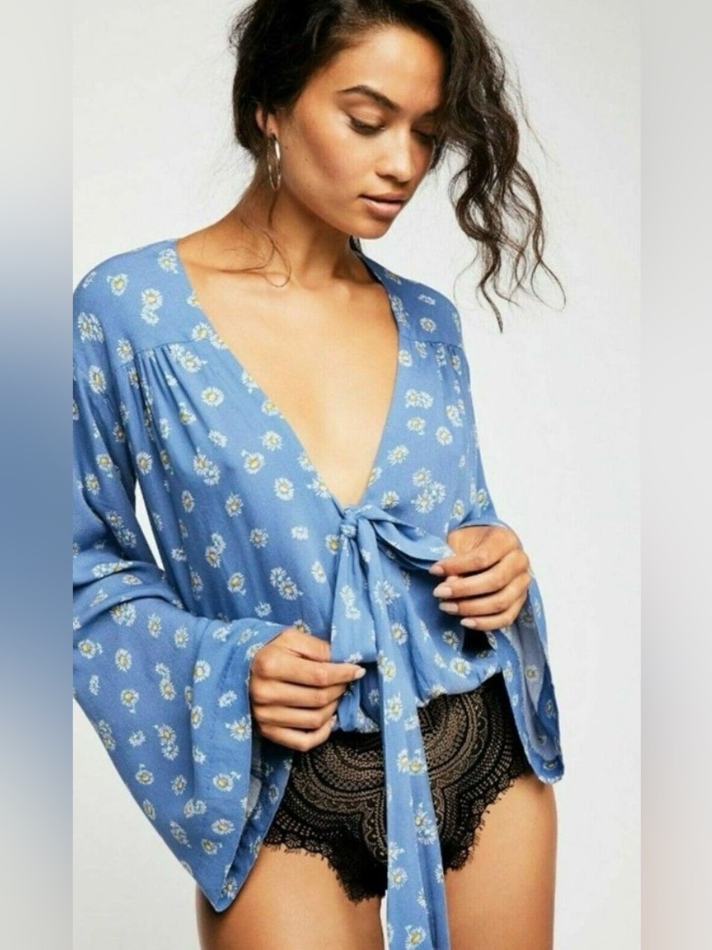 Blue Floral Tie-Front V-Neck Bodysuit